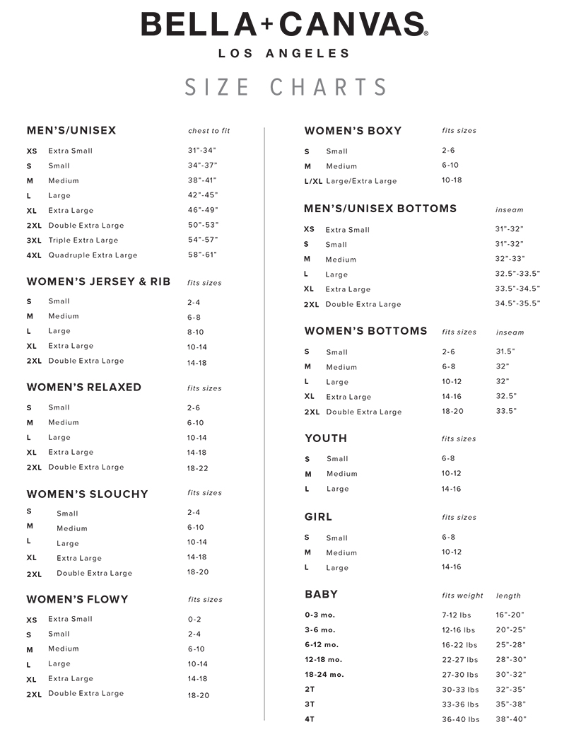 Bella Canvas Sweatshirt Size Chart