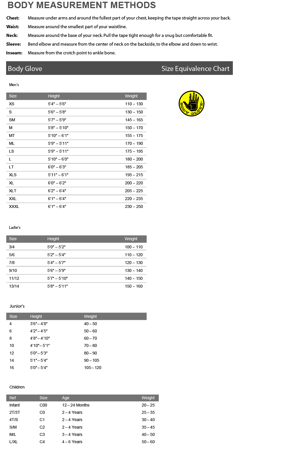 Body Glove Size Chart