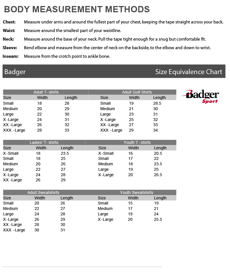 Badger Sweatpants Size Chart