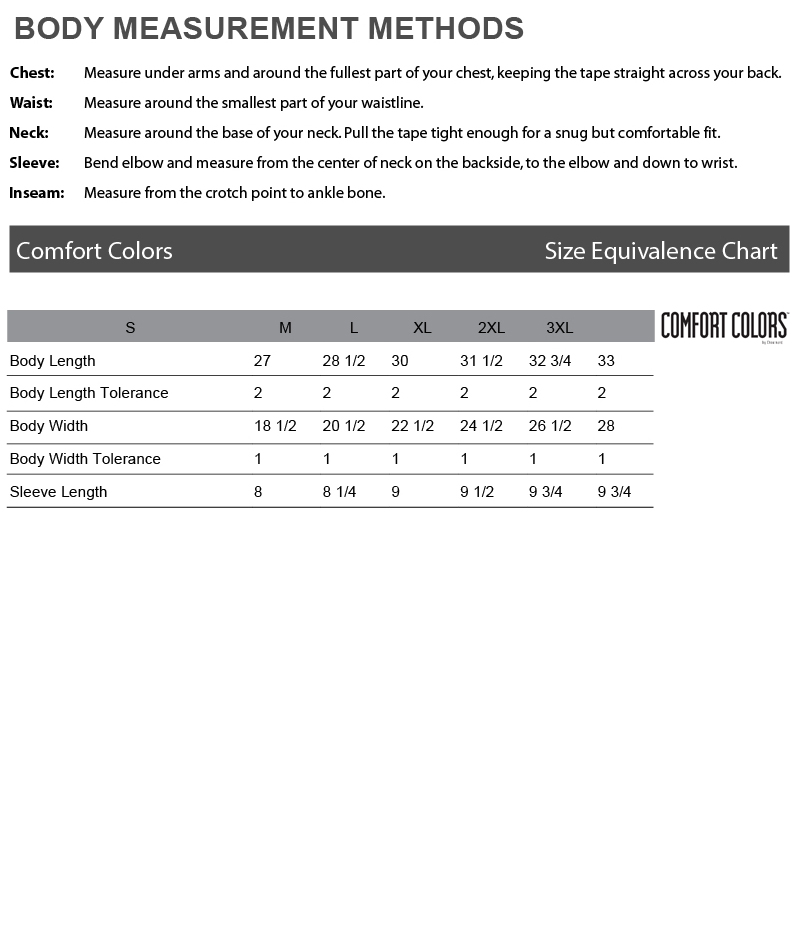 Comfort Color Size Chart