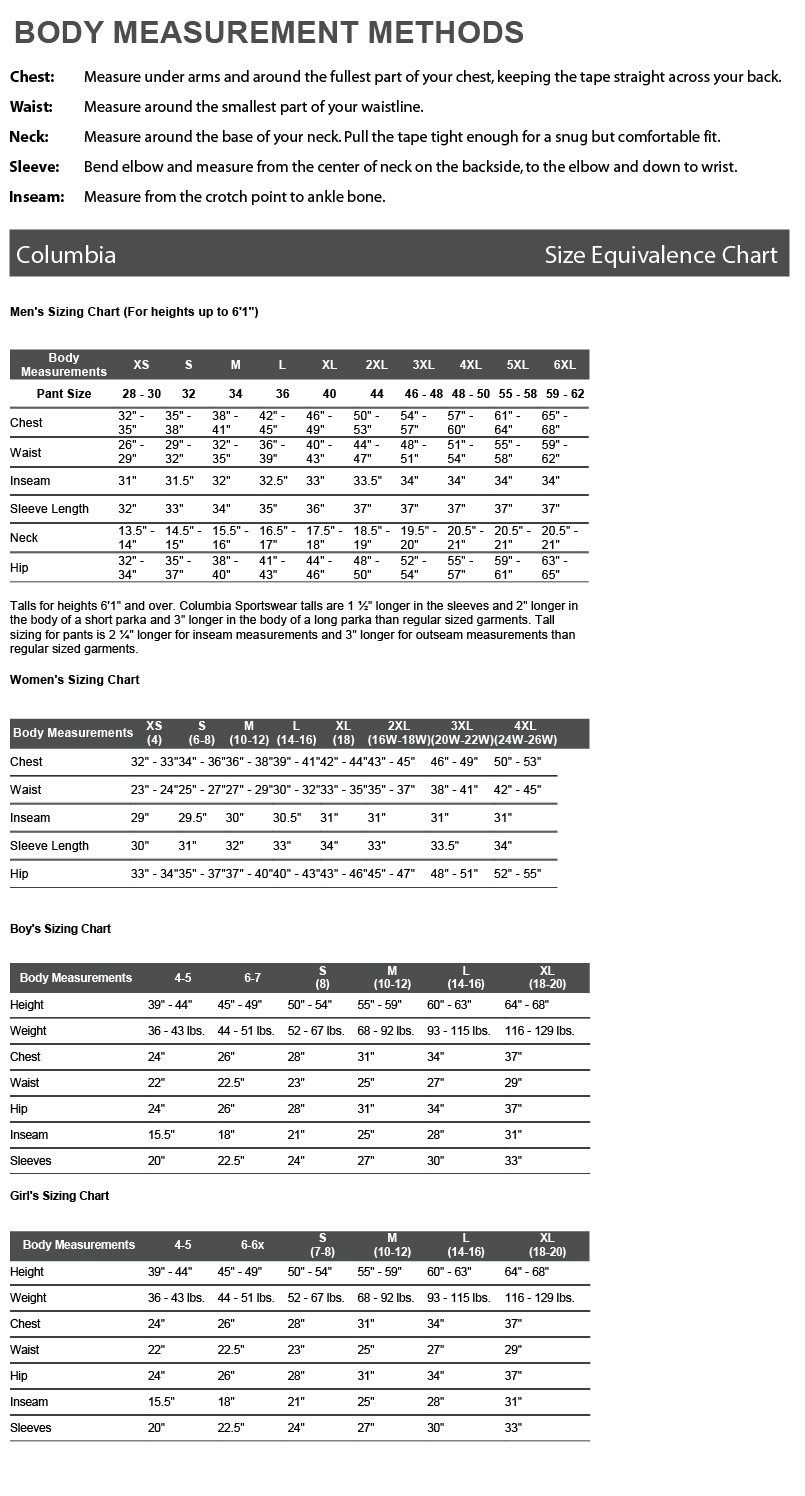 Columbia Womens Plus Size Chart