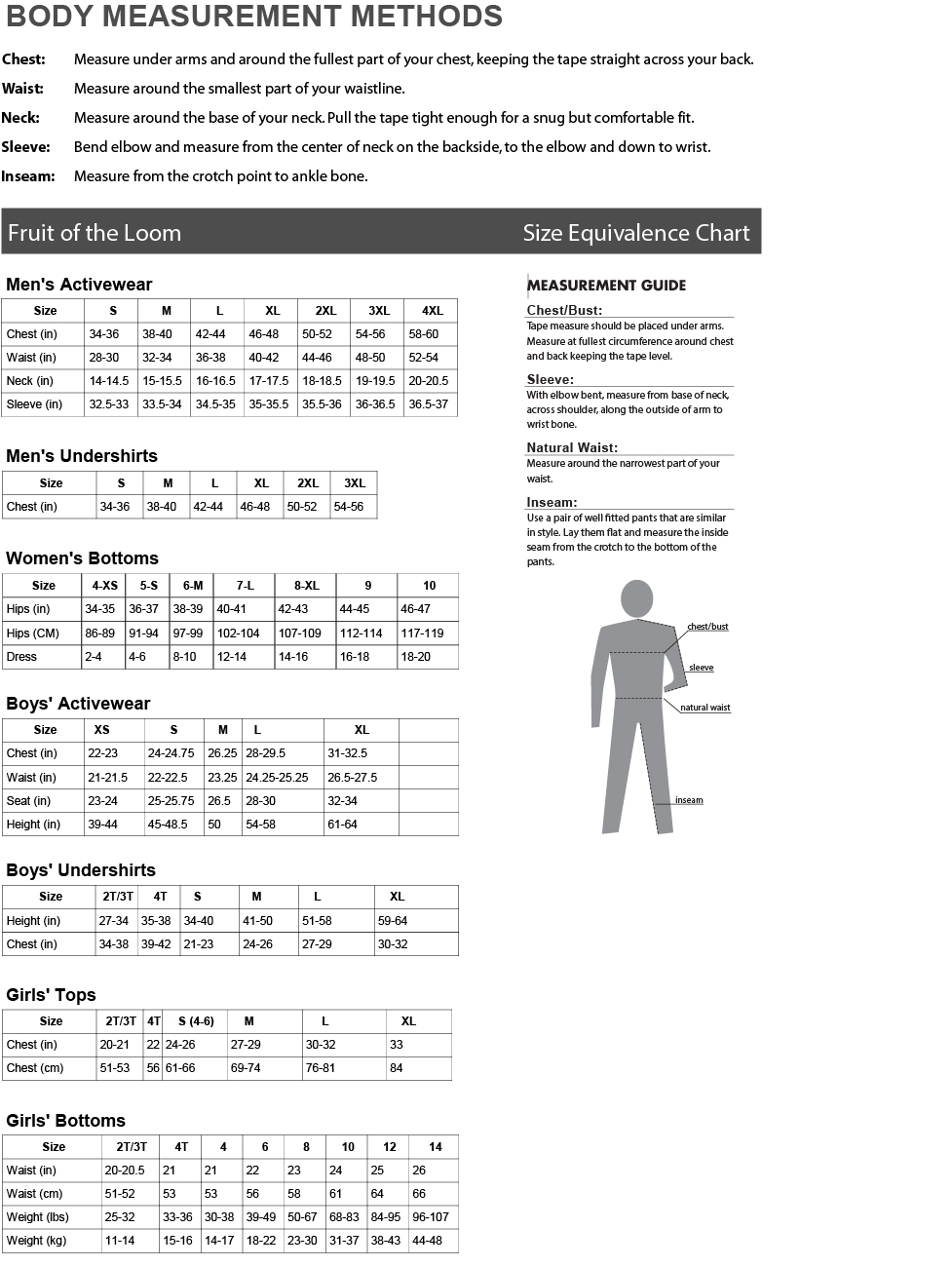 Fruit Of The Loom Ladies Size Chart