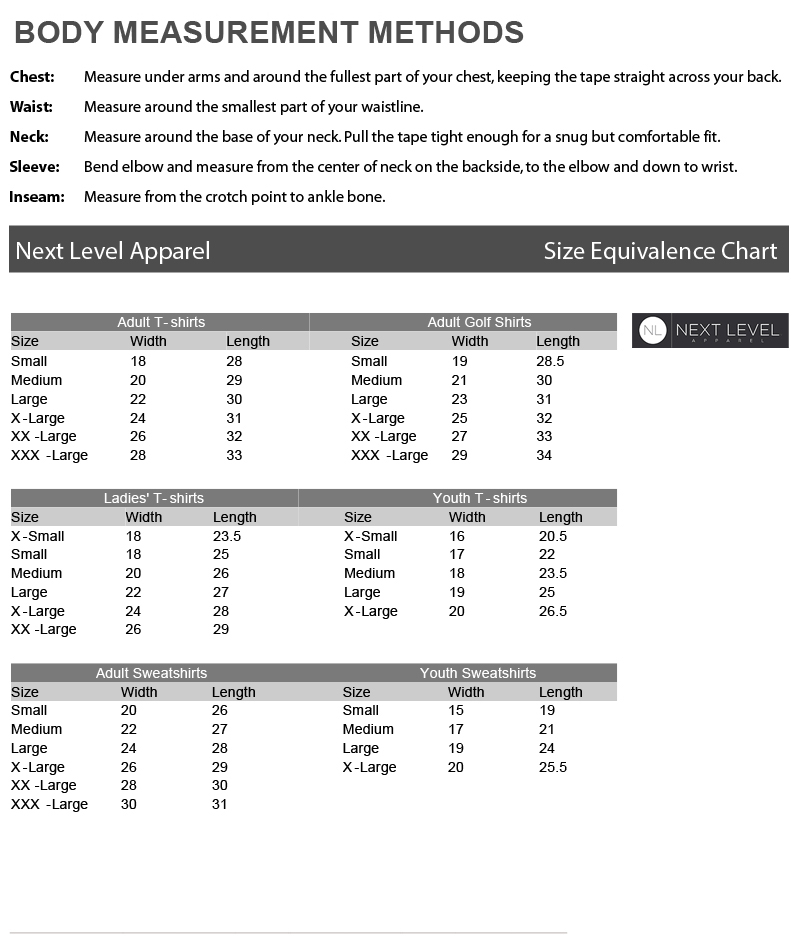 Next Level Hoodie Size Chart