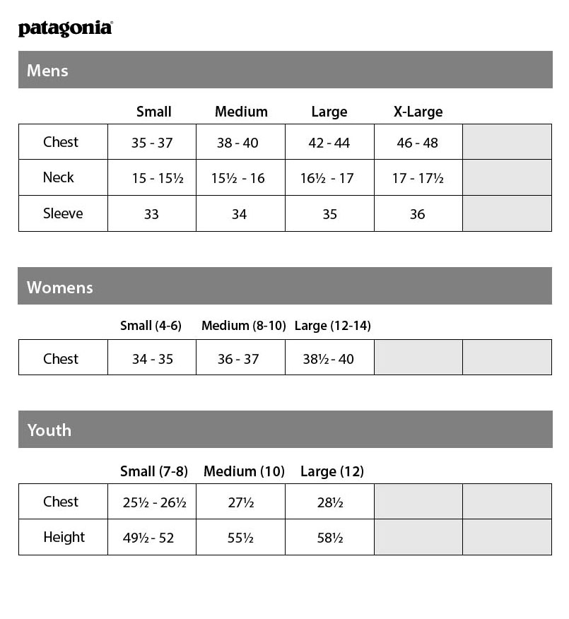 Patagonia Size Chart Womens