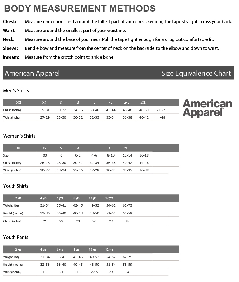 AMERICAN APPAREL SIZING CHART