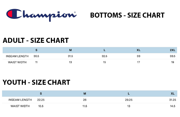 Narkoman Rendezvous Græder CHAMPION BOTTOMS SIZING CHART-AMERASPORT