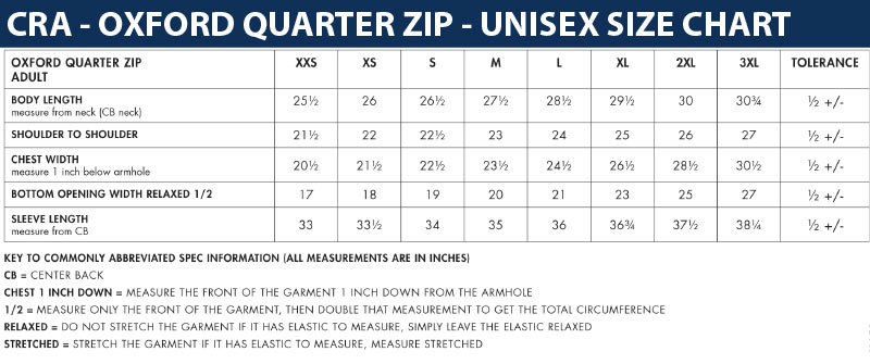 CHARLES RIVER OXFORD ZIP SIZE CHART