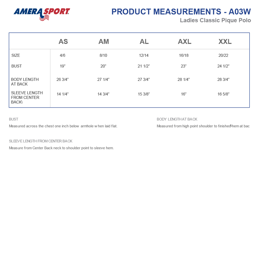 LADIES PIQUE POLO SIZING CHART