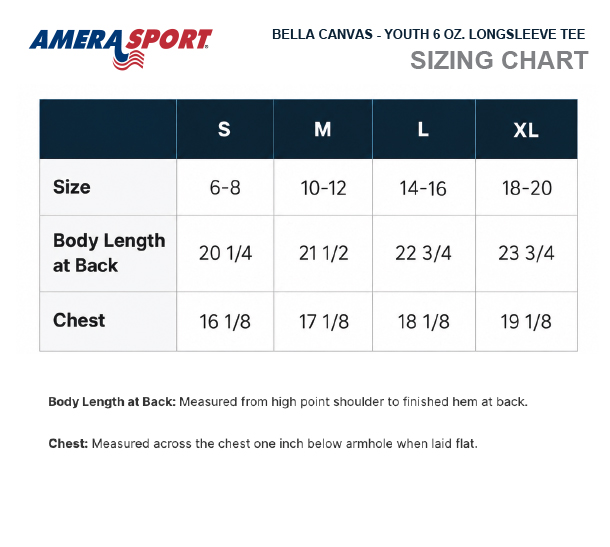 BELLA CANVAS YOUTH 6 OZ. LONGSLEEVE TEE SIZE CHART