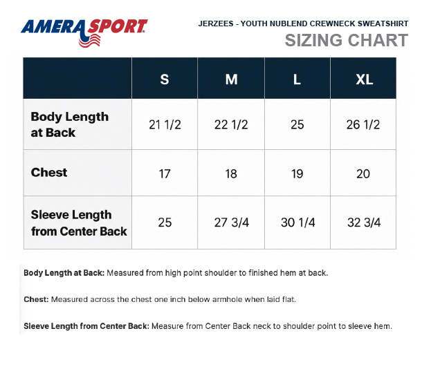 JERZEES NUBLEND YOUTH CREWNECK SWEATSHIRT SIZE CHART
