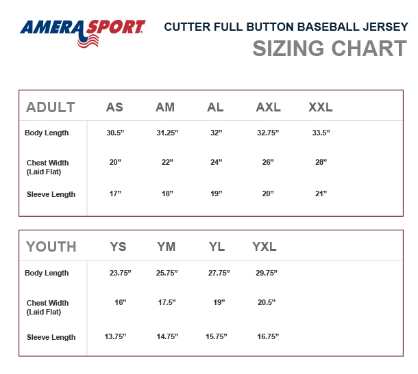 CUTTER BASEBALL JERSEY  SIZE CHART