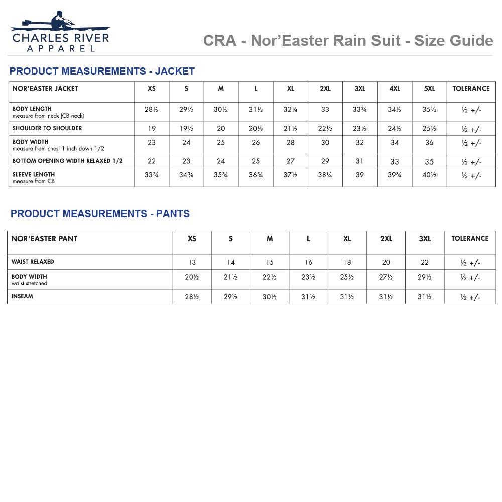 CHARLES RIVER APPAREL NOR'EASTER SIZING CHART