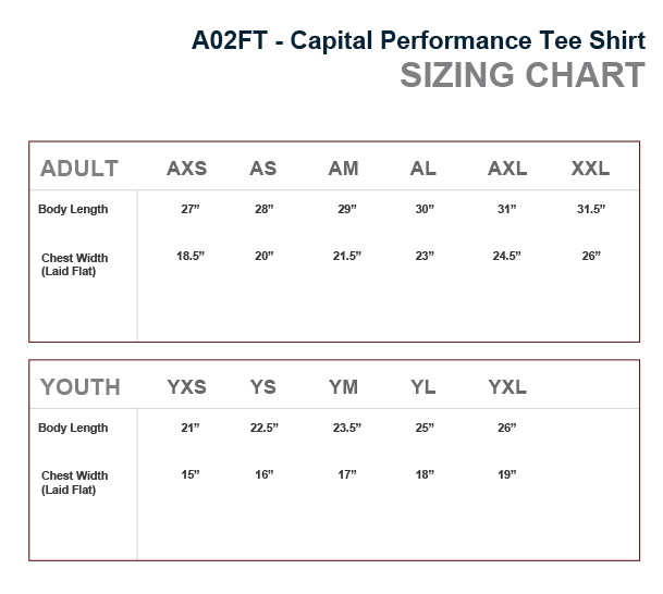 CORE 365 CAPITAL PERFORMANCE TEE - SIZE CHART