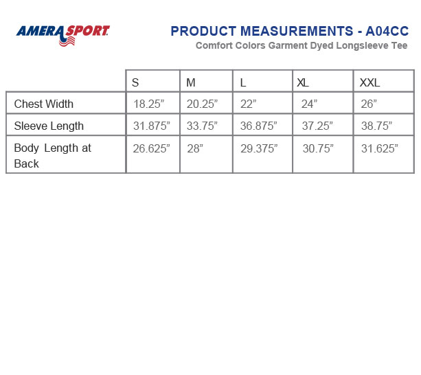 COMFORT COLORS LONGSLEEVE TEE SIZING CHART