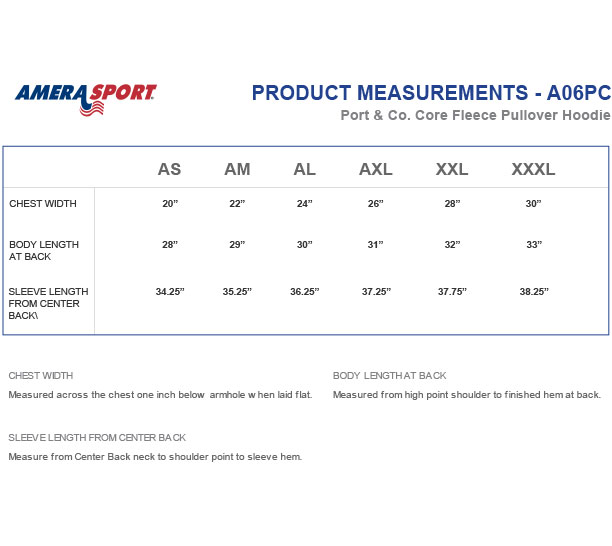 PORT & CO. CORE FLEECE HOODIE SIZING CHART