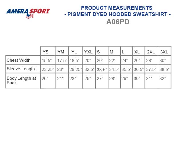 PIGMENT DYED HOODED SWEATSHIRT - SIZE CHART