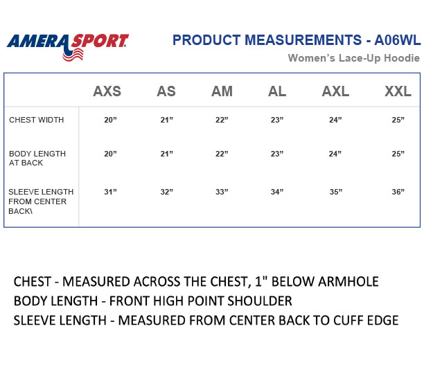 WOMENS LACE UP HOODIE SIZING CHART