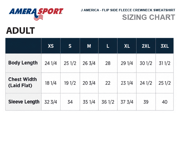 J AMERICA TWO TONE CREWNECK SIZE CHART
