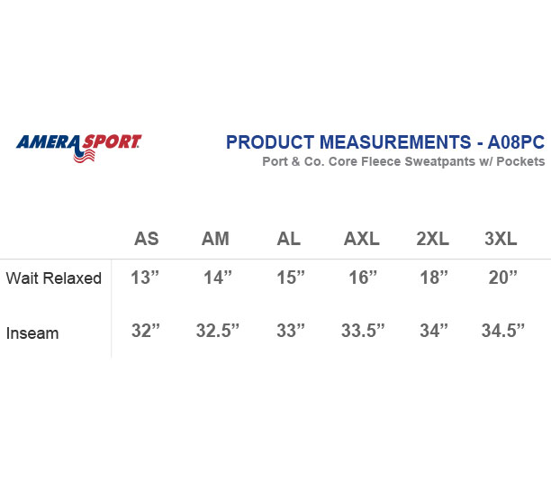 PORT & CO CORE FLEECE SWEATPANTS SIZING CHART