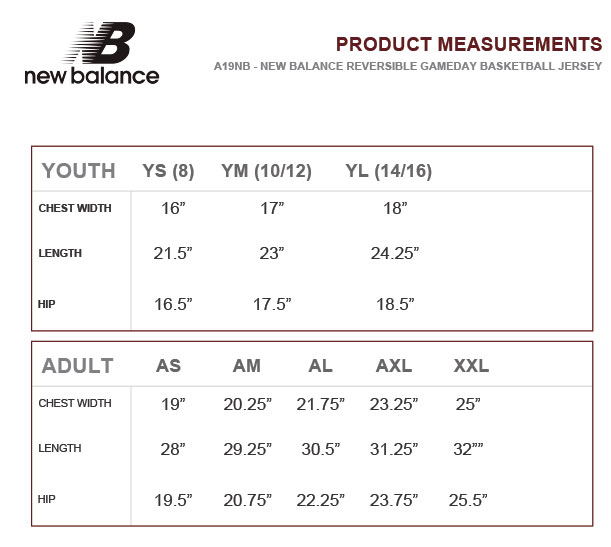 NEW BALANCE REVERSIBLE BASKETBALL JERSEY SIZING CHART
