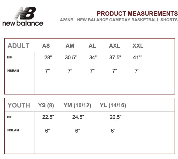NEW BALANCE BASKETBALL SHORTS SIZING CHART