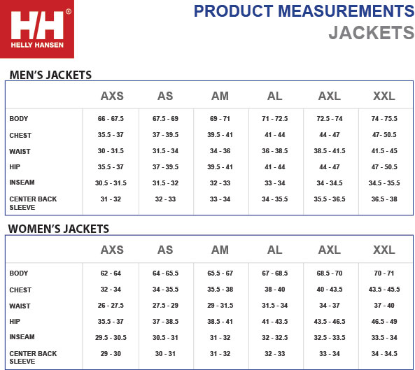 HELLY HANSEN JACKET SIZING CHART