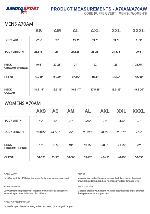 MENS AND WOMENS CORE PUFFER JACKET SIZING CHART