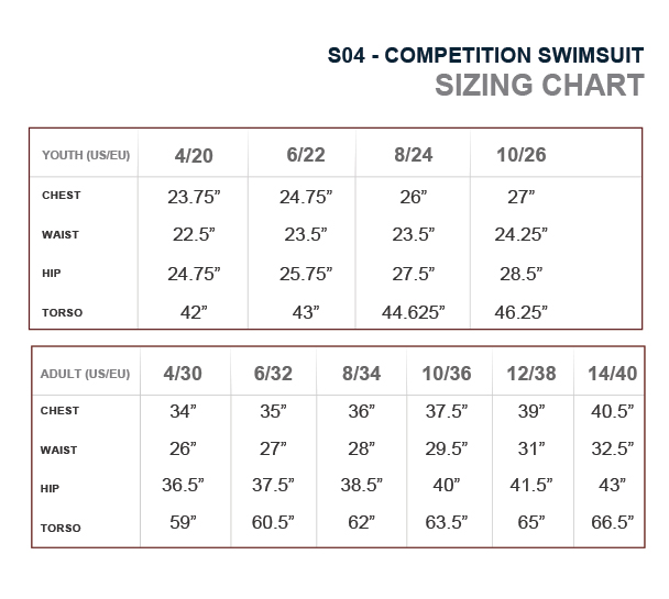 COMPETITION SWIMSUIT SIZE CHART