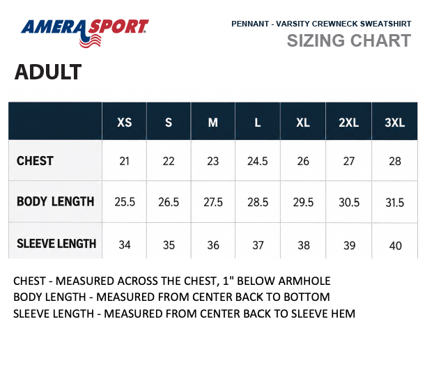 PENNANT VARSITY CREWNECK SIZE CHART