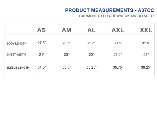 GARMENT DYED CREWNECK SIZING CHART